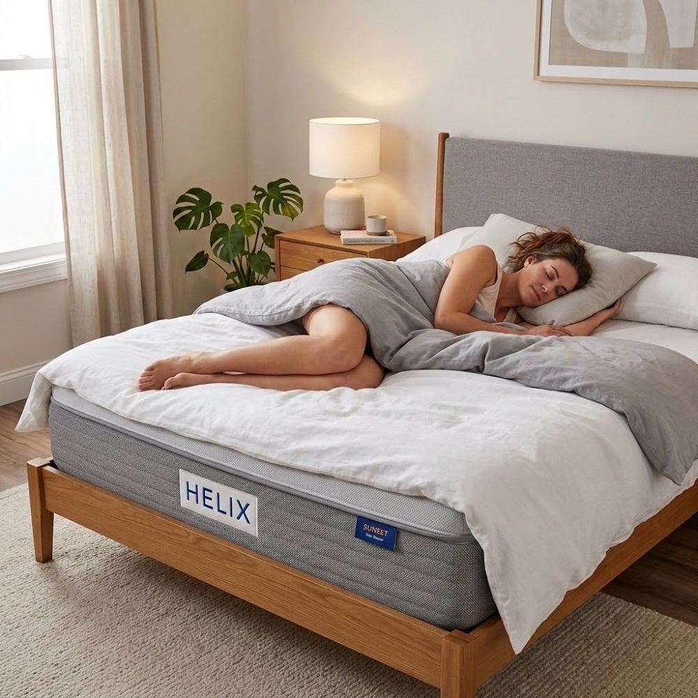 Close-up of a side sleeper resting comfortably on a Helix mattress, highlighting spinal alignment and pressure point relief.